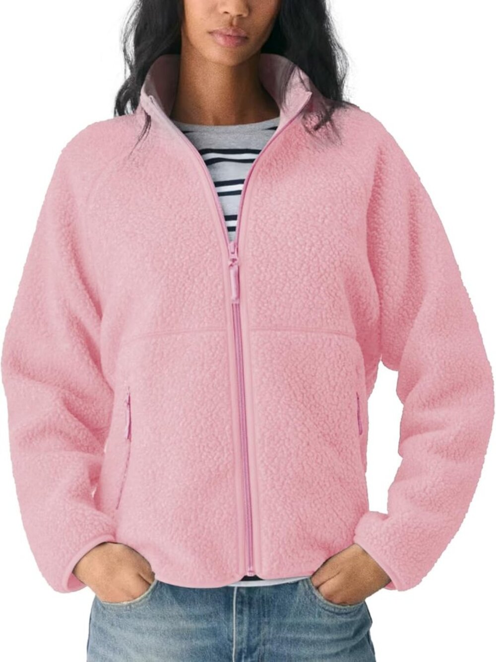 Women's Light Pink Fuzzy Fleece Jacket Full Zip Fall Winter Sherpa Warm Coats